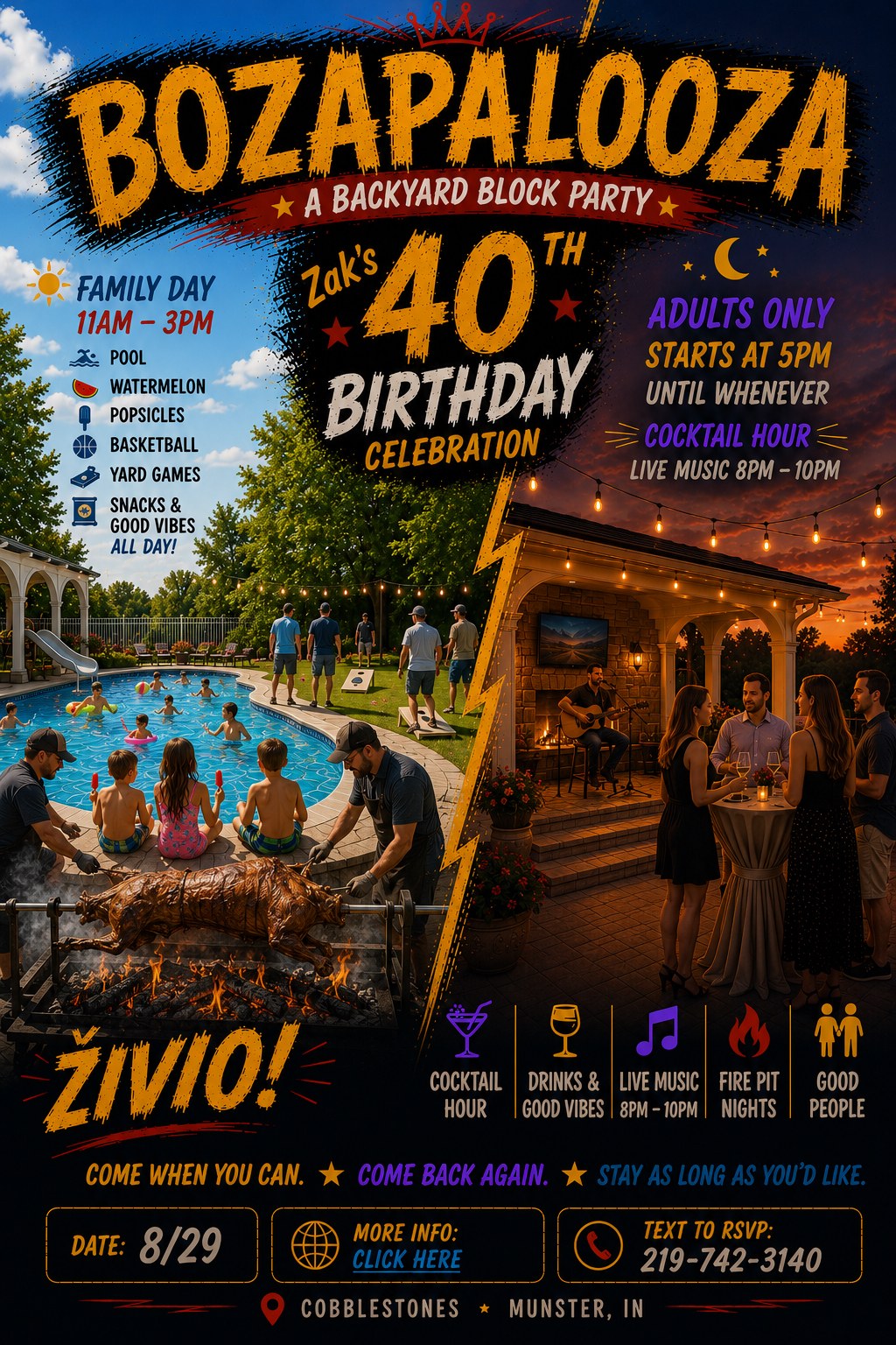 Zak's 40th — pool party by day, adults-only party by night on Saturday, August 29
